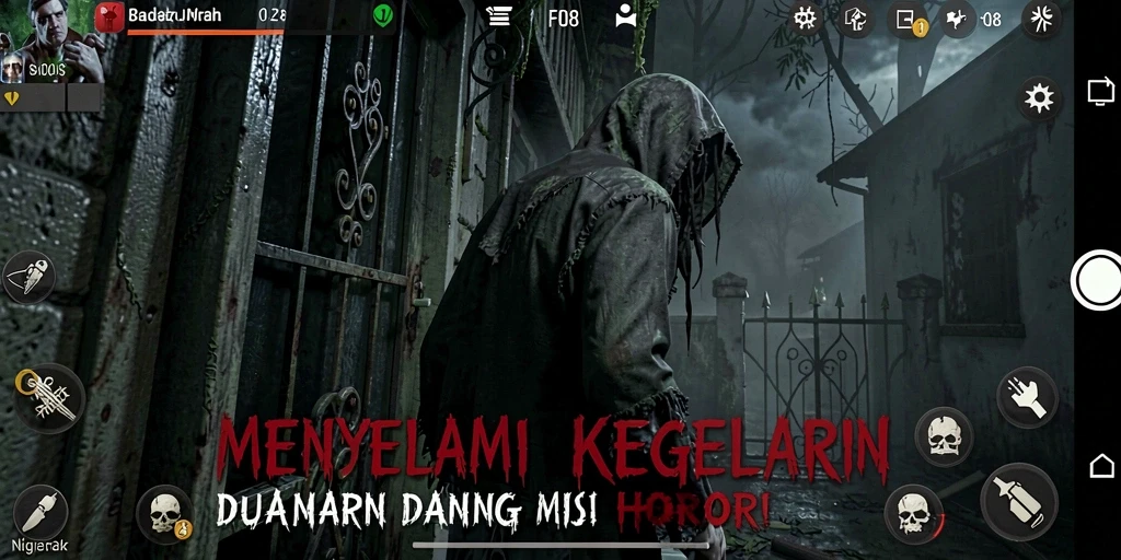 Screenshot FO8 menampilkan aksi menyeramkan dalam suasana gelap.