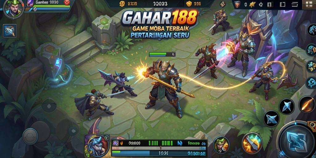 Tampak layar permainan GAHAR188 dengan pertarungan MOBA yang intens.