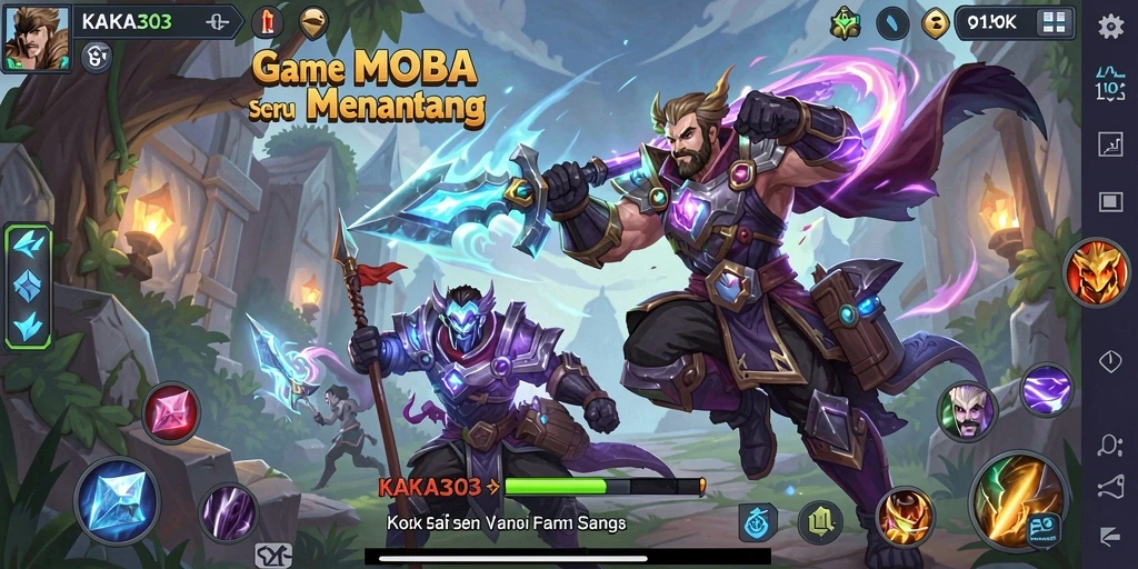 Gameplay KAKA303 menampilkan pertarungan MOBA yang dinamis dan seru.