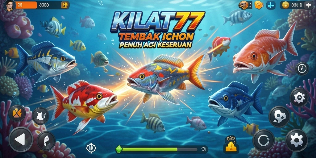 Tampilan gameplay seru dalam KILAT77 dengan banyak ikan berwarna.