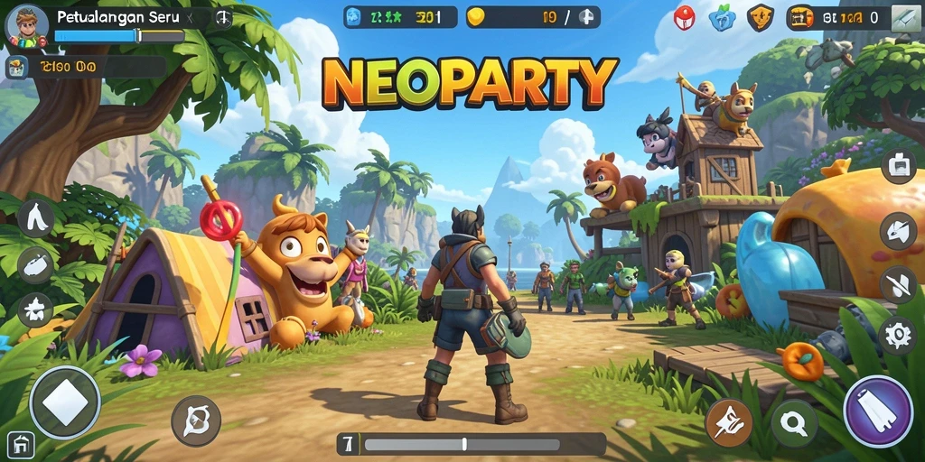 Screenshot gameplay NEOPARTY menampilkan petualangan di dunia terbuka yang luas.