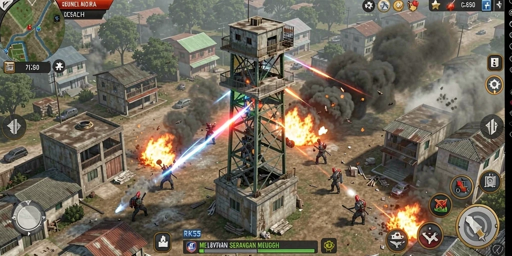 Tampilan gameplay RK55 yang mendebarkan saat melawan gelombang musuh.