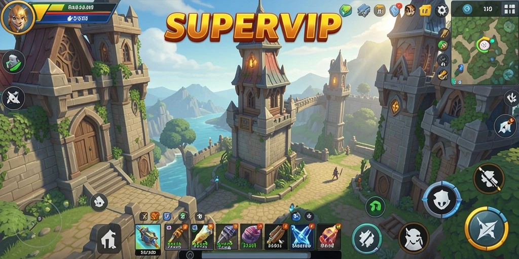 Tampilan gameplay SUPERVIP yang mendebarkan di medan perang Tower Defense.